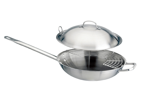 Padella wok inox con griglia e coperchio. Serie 2500 3-PLY. Diametro 32 cm; altezza 8 cm.